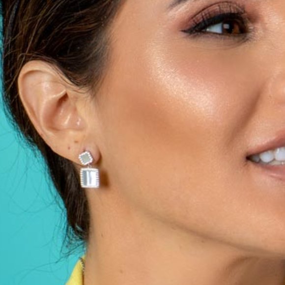 Silver925 Dangling Square Mother of Pearl Earrings - Picture 1 of 3